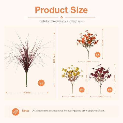 HyeFlora Artificial Fall Flowers for Outdoor Decoration, 13 Bundles Faux Silk Colorful Mums Grass UV Resistant Realistic Fake Flowers for Home Porch Patio Yard Window Box (Mixed) - color: 3 Fall Colors Mix