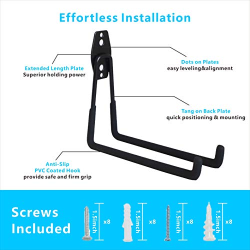 Garage Hooks, 4 Pack Wall Mount Storage Hanger with 2 Extension Cord Holder Organizer, Heavy-Duty 7.5 inch Long Hooks for Ladder, Ski, Sports, Utility, Garden Tool, Hose Storage Rack Organizer - color: Black