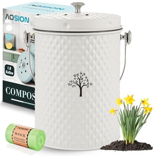AOSION Countertop Kitchen Odorless Compost Bin with Removable Inner Bucket - color: Creamy white