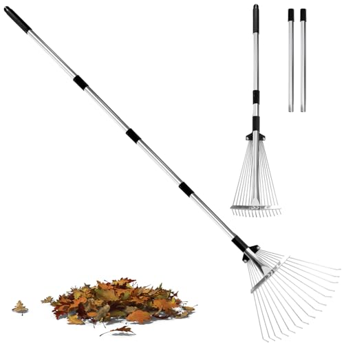 Leaf Rake Adjustable 23-75, Collapsible Metal Stainless Steel Garden Yard