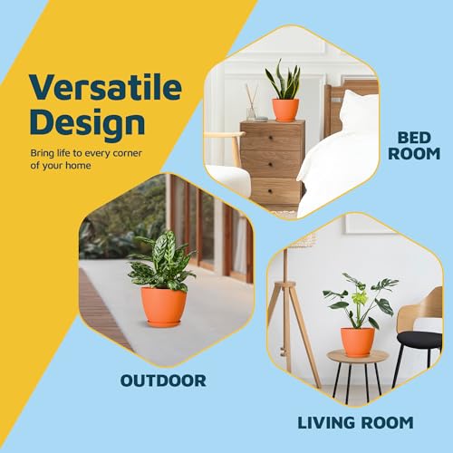 Yellow Plant Pots with Drainage Holes & Saucers 15 Pack, Indoor & Outdoor Stackable Space-Saving Planters for Houseplants & Flowers, (7", 6.7", 6", 5.3", and 4.8" Inches), Durable & Weatherproof