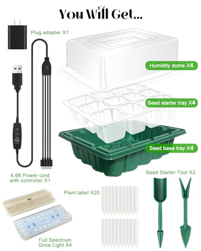 Seed Starter Tray with Grow Light (4x 24-LED), 4 Pack for Seed Starting - size: 4-Pack 48-Cell, style: Without Heat Mat