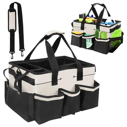 Cleaning Caddy Bag, Cleaning Supply Caddy, Cleaning Bags for Housekeepers, Under Sink & Car Cleaning Tool Organizers Bag with Handles and Shoulder Strap for Home, Craft, Car, Garden (White) - color: White