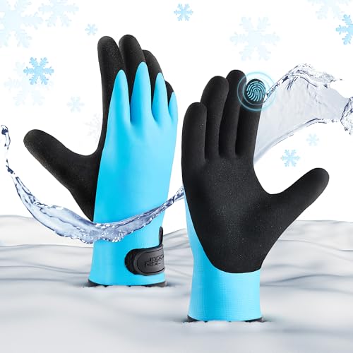 COOLJOB Thermal Warm Winter Work Gloves with Grip, Rubber Coated Touchscreen Waterproof Freezer Gloves for Warehouse, 1 Pair - color: Blue, size: Large