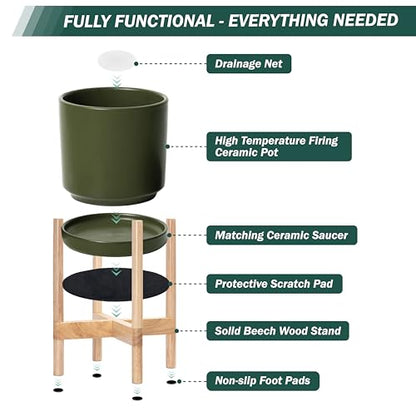 D'vine Dev Ceramic Pot with Natural Wood Stand, Olive, 8 in, 55-B-N-J - color: Olive Pot + Natural Stand, size: 8 Inch
