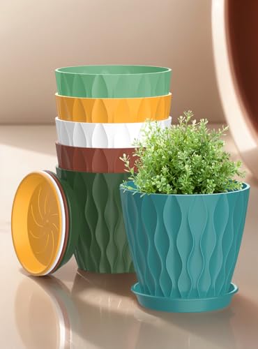 Set of 6 Plant Pots 4 inch Pots, Plastic Planters with Drainage Holes and Saucers,Plastic Flower Pots,Nursery Planting Pot for Indoor Out Door Plants（Multicolour） - color: Multicolour
