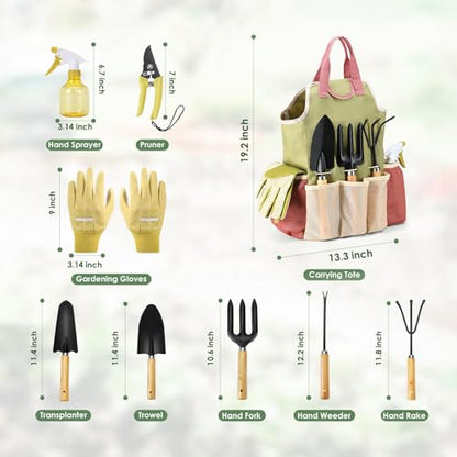 APSARAS USA Gardening Tools, Garden Tool Set, 10 Pieces Heavy Duty Sturdy Steel Gardening Tool Set with 600D Oxford Cloth Storage Tote Bag, Durable Supplies Kit Perfect Garden Gifts for Father - style: Wood Handle and Sturdy Steel