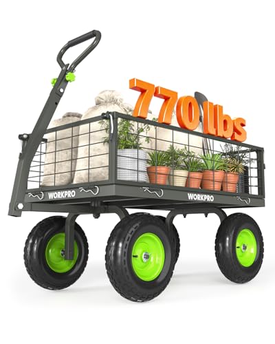 WORKPRO Large Heavy Duty Garden Cart 770 lb, 2-in-1 Convertible Utility Wagon with Removable Sides, 180° Tow Handle for ATV or Lawn Tractor, 270° Steering, Extra Large Yard Cart with All Terrain Tires