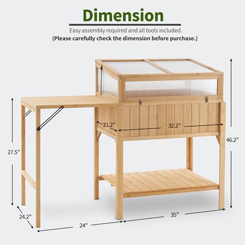 Macrout Cold Frame Greenhouse with Foldable Potting Table, Raised Garden Bed Planter Box with Legs and Wooden Greenhouse with Shelf for Vegetables, Herb and Flowers Use, 0399