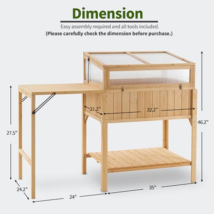 Macrout Cold Frame Greenhouse with Foldable Potting Table, Raised Garden Bed Planter Box with Legs and Wooden Greenhouse with Shelf for Vegetables, Herb and Flowers Use, 0399