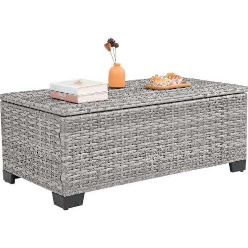 Rattaner Patio Coffee Table Outdoor Storage Table for Patio Wicker Coffee Table Outdoor Table with Patio Storage Box Furniture Cover, Stone Grey - color: Stone Grey