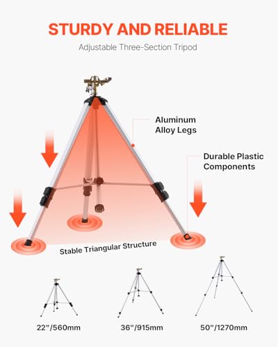 VEVOR Impact Sprinkler on Tripod Base, Heavy Duty Tripod Sprinklers with Brass Head & 3/4" Connector, 360 Degree Large Area Coverage Irrigation Sprinkler, Adjustable Heights for Yard Gray - size: 50", style: 1PC