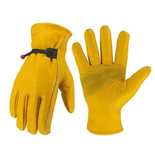 Leather Work Gloves for Men & Women, Reinforced Durable Gardening Gloves,Cowhide Work Gloves,Puncture & Cut Resistant - color: Golden With Buckle, size: Medium