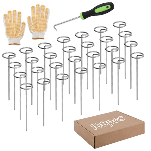100 Pcs Landscape Fabric Pins with Pick Hook and Gloves, 8 Gauge 6 Inch Galvanized Garden Stakes, Circle Top Landscape Staples, Weed Barrier Stake for Plant Cover, Tent, Weed Barrier Fabric
