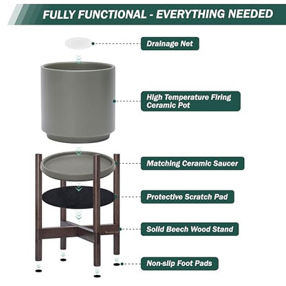 D'vine Dev Ceramic Pot with Walnut Wood Stand, Grey, 8 in, 55-B-Y-3 - color: Grey Pot + Walnut Color Stand, size: 8 Inch