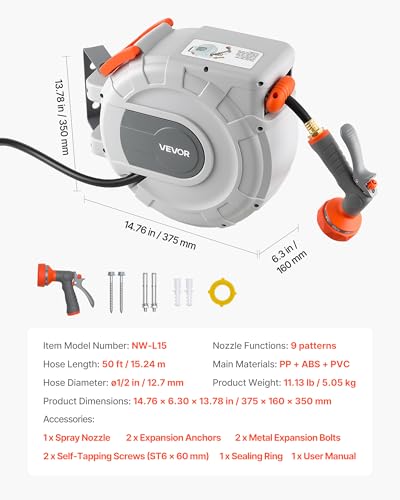 VEVOR Retractable Garden Hose Reel, 1/2 in x 50 ft, Wall Mounted Hose Reel with 9-Function Sprayer Nozzle and 180° Swivel Bracket, Any Length Lock, Automatic Slow Rewind System, for Garden Watering - size: 1/2 in x 50 ft
