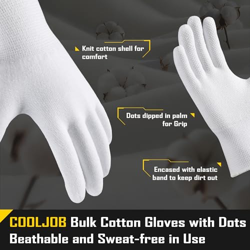 COOLJOB 12 Pairs Cotton Work Gloves with Non-Slip Grip Dots, Breathable Lightweight Gloves for Construction Gardening - color: White (Pack of 12), size: Large