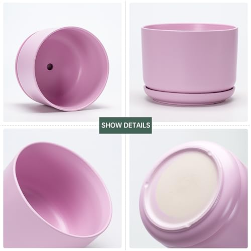 Plant Pots,Ceramic Planters with Drainage Holes&Saucer Set of 3(Matte Pink) - color: Matte Pink