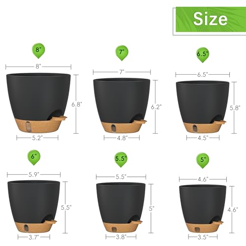 8/7/6.5/6/5.5/5 Inch Self Watering Pots for Indoor Outdoor Plants, Set of 6 Large Plastic Planters with Visual Water Window, Drainage Holes & Watering Lip, Modern Decorative Flower Pots (Black) - color: Black, size: 5/5.5/6/6.5/7/8 Inch