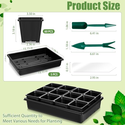 mwellewm 5 Pcs Seed Starter Tray, 3.5 Inch (9CM) 60 Pcs Nursery Pots Kit, Thickened Seed Starting Trays Square Seedling Pots for Plants Sturdy Microgreens Growing Trays Reusable Germination Tray - size: 3.5'' Pots-60pcs + 15.2" x 11" x 2.6" Trays-5Pcs