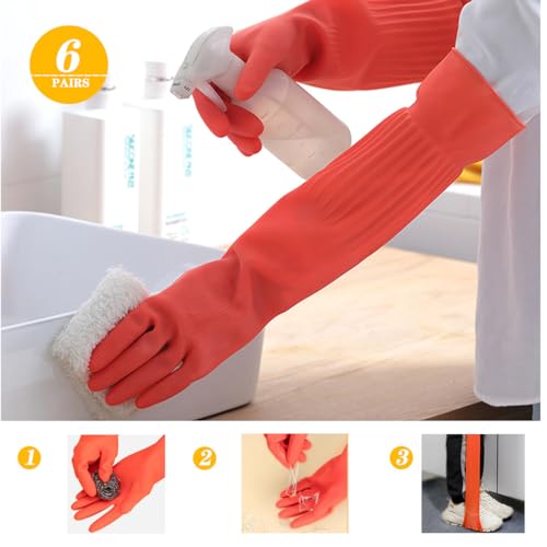 6-Pair 17.8-Inch Elbow - Length Reusable Rubber Waterproof Household Cleaning and Kitchen Dishwashing Gloves - size: Large