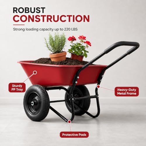 Enlarged Dual-Wheel Wheelbarrow, Easy Loading and Dumping Garden Cart, Heavy Duty Utility Dump Cart for Lawn, Yard, Farm, Gardening & Planting (Red) - color: Red