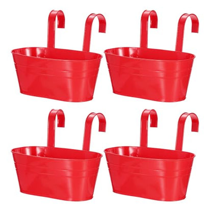 uxcell Rail Planter for Outdoor Plants, 4 Pcs 11" Iron Wall Hanging Planters Fence Railing Balcony Planters with Drainage Holes and Detachable Hooks, Red - color: Red