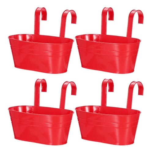 uxcell Rail Planter for Outdoor Plants, 4 Pcs 11" Iron Wall Hanging Planters Fence Railing Balcony Planters with Drainage Holes and Detachable Hooks, Red - color: Red