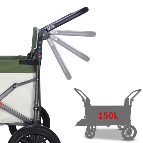 TMZ Collapsible Wagon with 2 Foldable Seats, Folding Wagon with Canopy, Multi Functional Cart with Adjustable Handle Bar, Front Expandable for Transport Camping (Green/Beige) - color: Green/Beige
