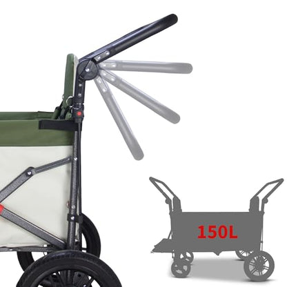 TMZ Collapsible Wagon with 2 Foldable Seats, Folding Wagon with Canopy, Multi Functional Cart with Adjustable Handle Bar, Front Expandable for Transport Camping (Green/Beige) - color: Green/Beige