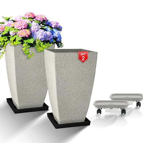 Set of 2 Large Tall 21 Inch Planter Pots Indoor/Outdoor-Matte Grey Square Flower Planters with Tray for Patio, Front Door, Deck | Weather-Resistant & Lightweight Plastic (Grey) - color: Matte Grey