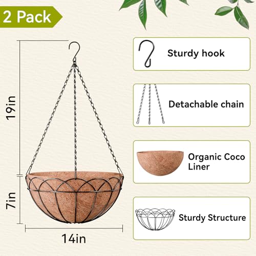 Halatool 2 Pack 14 Inch Hanging Baskets with Coco Liner, Heavy Duty Planter