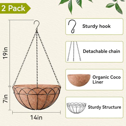 Halatool 2 Pack 14 Inch Hanging Baskets with Coco Liner, Heavy Duty Planter