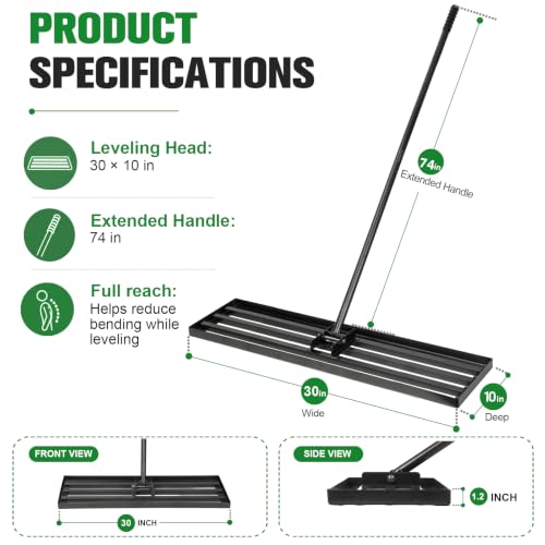 Lawn Leveling Rake,30x10-Inch Leveling Rake for Soil,74-in Handle