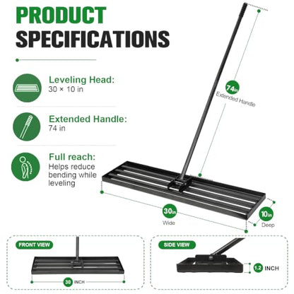 Lawn Leveling Rake,30x10-Inch Leveling Rake for Soil,74-in Handle