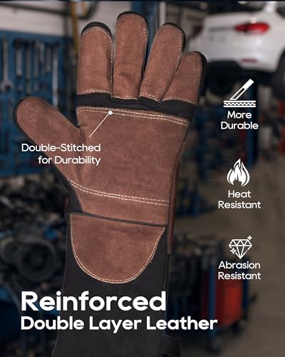 TOPDC Welding Gloves 16Inch 1000℉ Heat Resistant Leather for MIG Stick, S - color: 16 Inch Black-brown (Small)