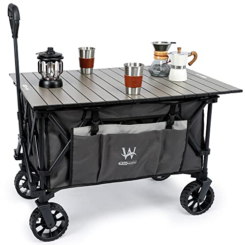Whitsunday Folding Collapsible Utility Wagon, 400Lbs Heavy Duty Outdoor Park Beach Wagon with Table and Side Pocket for Garden Camping Sports Shopping Grey - color: Gray