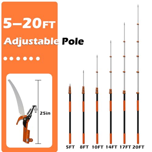 26FT Reach Manual Pole Saw, Tree Trimming Pruner with 5-20 FT Extendable Flip & Screw Dual Lock Pole, Adjustable Long Handle High Reach Cutter for Yard & Garden - size: 5-20FT