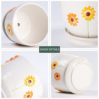 Ceramic Plant Pots,Sunflower Planters with Drainage Holes & Matching Saucer - color: White and Yellow