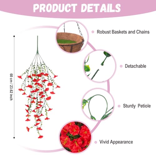 Artificial Flowers with Hanging Basket, Outdoor Faux Plants UV Resistant - color: Red