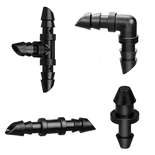JAYEE Irrigation Fittings Kit for 1/4" Tubing 110 Piece Set - 50 Couplings,30 Tees, 20 Elbows, 10 End Plugs - Barbed Connectors for Drip or Sprinkler Systems - color: 110 PACK-SET