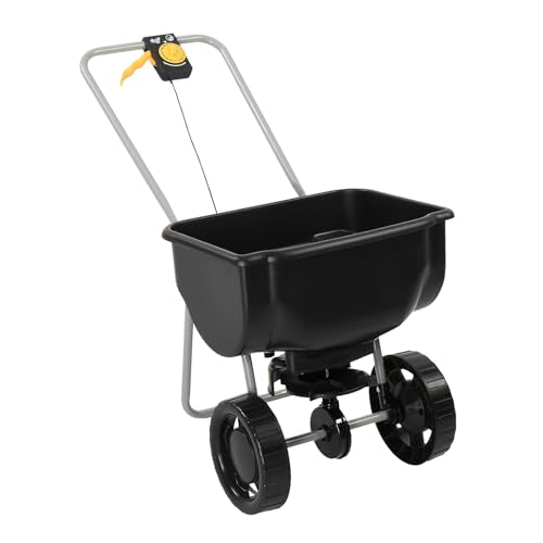 VINGLI Fertilizer Spreader 70lbs with 15 Adjustable Drop Rates, Pre-Assembled Walk-Behind Seed Spreader, with 9" Tire for Multi-Terrain, Broadcast Spreader for Lawn Care & Seed Spreading (Black)