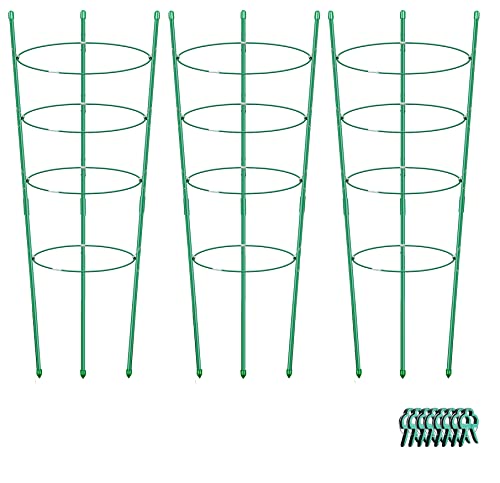 Plant Support Cages for Climbing Plant Upgrade Flower Tomato cage with Stand Stakes and Stable Support Rings, 3 Pack with 12 Clips (36") - size: 36"