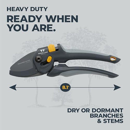Woodland Tools Co. Heavy Duty Anvil Pruning Shears – 5/8" Cut Capacity, High Carbon Steel Blade, Internal Spring, Adjustable Grip Slider, Garden Pruner for Dry Branches, Stems, and Dead Growth - style: Heavy Duty Anvil Pruner
