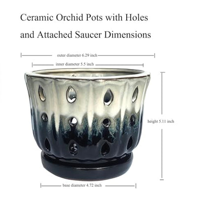 Ceramic Orchid Pot with Hole 6'' Orchid Planter (Cream Over Black) - color: Cream Over Black