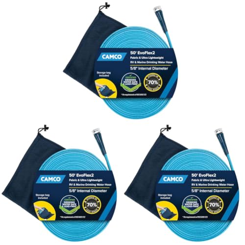 Camco EvoFlex2 50-ft Drinking Water Hose - RV Drinking Water Hose Reinforced with Fabric & Ultra Lightweight - Contains No_Lead, No_BPA & No_Phthalate - Abrasion Resistant (22579) (Pack of 3) - size: 50-Foot (Pack of 3), style: Expandable Fabric