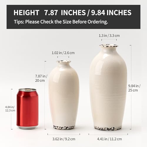 PORCER Ceramic Vases for Home Decor, Ice Crackle Aged White Vintage Ceramic Vase Set of 2, Minimalist Decorative Vase for Table Centerpiece Dining Living Room Office Nightstand Fireplace Decoration - color: Ice Crackle Aged White- 2pcs