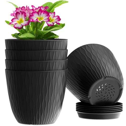 WSMKSZ 6 inch Plant Pots, 5 Pack Flower Pots with Drainage Holes and Saucers for Indoor Plants, Plastic Planters with Water Ripple for Small Garden House Plants, Nursery Pots for Succulent, Black - color: Black, size: 6inch 5pcs