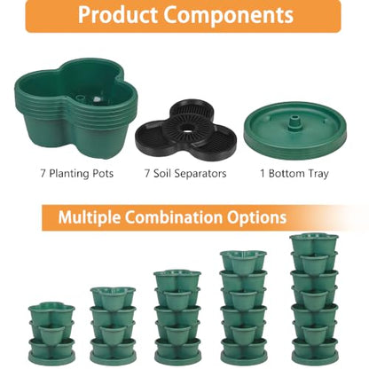 VECELO 7 Tier Vertical Garden Planter, Self Watering Stackable Planters with Wheels for Strawberries, Herbs, Flowers, Vegetables, Dark Green - color: Dark Green, size: 7 Tier