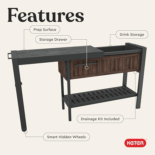 Keter Extendable Outdoor Bar Cart with Hidden Cooler, Storage Drawers & Prep Surface – Mobile Patio Serving Station with Drainage Kit & Hidden Wheels for Backyard, Garden & Poolside Entertaining - color: Extendable Bar Cart Rosewood